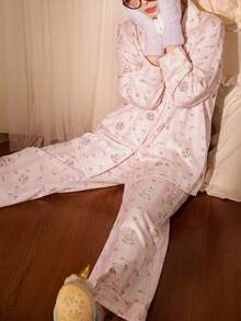 Gongdie 2 Pieces Women Pajama Set,Fall Pink Striped Soft Cotton Loungewear With Contrast Piping And Pocket - Pink - View 4