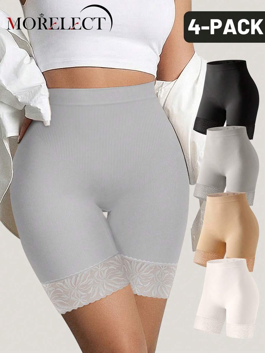 Morelect 4pcs Women's Plus Size Mid-High Waist Panties, Safety Shorts, Breathable & Comfortable, Lace Patchwork, Soft & Minimalist