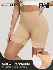 Morelect 4pcs Women's Plus Size Mid-High Waist Panties, Safety Shorts, Breathable & Comfortable, Lace Patchwork, Soft & Minimalist - Multicolor - View 4