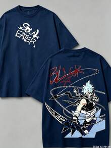 Soul Eater - Black Star Anime Washed T-Shirt, Double-Sided Cotton, Unisex Design, Japanese Manga Merchandise, Men's T-Shirt - 藏青色2 - 查看 3