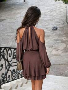 Casual Fashion Brown Cold Shoulder Lantern Sleeve Short Chiffon Dress, Elegant - Brown - View 2