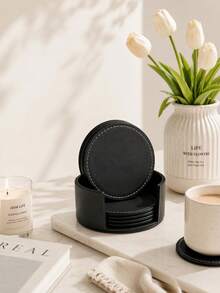 6pcs/Set (5 Coasters + Storage Box) 4-Inch Round PU Leather Coasters, Waterproof Heat-Resistant Thick Anti-Scald Tabletop Protector, Creative Coasters, Suitable For Home Kitchen Restaurant Hotel, Home Tabletop Decor, Daily Use, Christmas Gift, Holiday Decoration - Multicolor - View 5