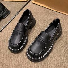 Women's Round Toe Thick Sole Platform Loafers, Vintage British Style Slip-On Spring Autumn College Commuter Shoes - Black - View 7