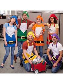2PCS Christmas Gnome Costume, Apron & Cone Hat Set | Adult Costume, Beard Print, Funny Gnome Cosplay Accessories, Red, Blue, Yellow, Green, Fairy Tale Party Outfit - Multicolor - View 4