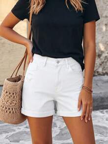 Cross-Border American Street Style Summer New Versatile Loose Minimalist Casual Distressed Solid Color Washed Women's Jeans White - White - View 5