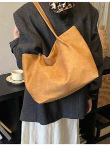 2026春季新款棕色麂皮復古大容量商務通勤女款單肩腋下包，附吊飾 - 棕色 - 查看 5