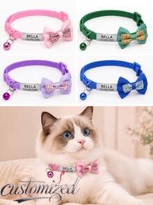 DIY Personalized Soft Cat Adjustable Collar With Bell, Bowknot Cat Collar, Cat Bell Collar, Cat Collar, Customized Pet Name Tag, Adjustable Basic Collar, Suitable For Medium And Small Dogs, Cats, Kittens And Puppies, With Buckle - Multicolor - View 2