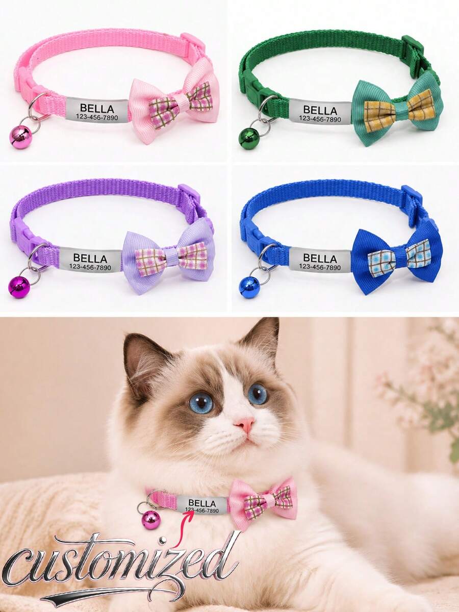 DIY Personalized Soft Cat Adjustable Collar With Bell, Bowknot Cat Collar, Cat Bell Collar, Cat Collar, Customized Pet Name Tag, Adjustable Basic Collar, Suitable For Medium And Small Dogs, Cats, Kittens And Puppies, With Buckle