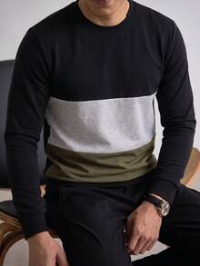 Men's Retro Colorblock Patchwork Crew Neck Long Sleeve T-Shirt, Contrast Design, Loose Casual Base Layer Top For Spring And Autumn Daily Commute - Black - View 4