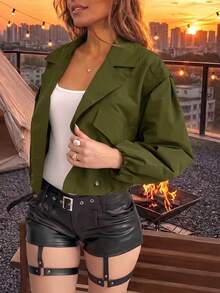 Jaket Polyester Lengan Panjang Fashion Wanita, Cocok untuk Dipakai di Musim Gugur/Musim Dingin, Jaket Penerbangan Panjang Standar yang Elegan - Dark Green - View 3