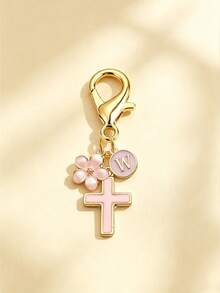 1pc New 26 English Letter Optional Enamel Drip Oil Cross & Cherry Blossom Pendant, Gold Lobster Clasp Detachable Bag Charm, Girls' Portable Key Decoration Small Gift - Pink - View 7