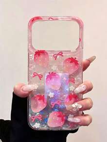 1pc New Korean Ins Style Shell Texture Cute Strawberry Bow Flower Print Phone Case, Suitable For Beach, Minimalist Premium, Fashionable, Unique Design, Anti-Drop Protective Cover Compatible With Apple 17pm, 16, 15p, 14plus, 13, 12pm, 11 - Pink - View 1