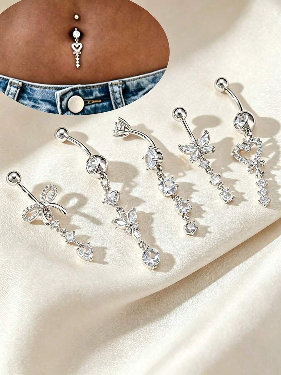 5件組不鏽鋼臍環飾品套組,蝴蝶心形花朵鋯石流蘇設計,低過敏穿刺配件,適合海灘派對多用途穿搭 - 鋼色 - 查看 1