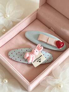 2pcs Soft Pink Rabbit Heart Shaped Hair Clips, Unique Fabric Bow Oval Side Clips, Girly Hair Accessories (Slight Variation In Doll Position Due To Batch Difference) - Multicolor - View 1