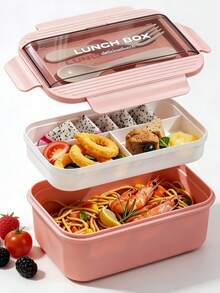 1pc Divided Sealed Fruit Box Salad Box, Work Lunch Box (With Utensils), Portable Double Layer Lunch Box, Large Capacity Bento Box, Divided Lunch Box, Suitable For Work And Travel, Christmas Gift, Back To School Essential, Kitchen Supplies - View 1