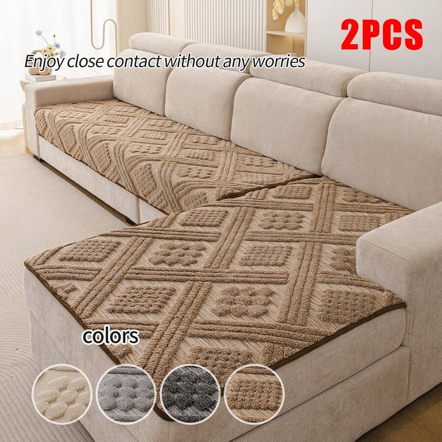 ALPLUME 2pcs Bohemian Style Soft Cotton Velvet Sofa Pads, Diamond Line Jacquard Pattern, Soft And Comfortable Anti-Slip Sofa Pads, Pet-Friendly Scratch-Resistant Sofa Protector, Easy To Install, Furniture Protection, Suitable As Gift For Family And Friends, All-Season Anti-Slip Sofa Seat Cover, 4 Colors And 6 Sizes Available, Fits 1/2/3/4 And Combination Sofas, Office, Bedroom, Living Room Home Decor Protection Cover - Beige - View 1