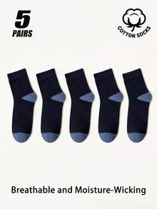 5/6 Pairs Men's Cotton Color Block Contrast Toe & Heel Crew Socks, Mesh Ventilation Breathable Soft Socks, Moisture‑Wicking Casual Daily Socks - Multicolor - View 16