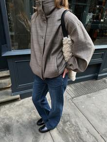 Women's Casual Plaid Jacket With Lantern Sleeves, Halloween Outerwear, Suitable For Daily Wear - Light Grey - View 4