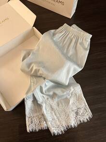 Light Luxury Sweet Solid Color Lace Trim Pajamas Women's New 2 Pieces Set Loungewear - Mint Green - View 3