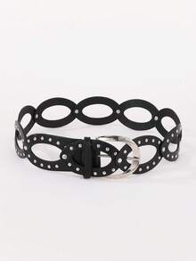 Hershine 1pc Street Style Country Black Western Distressed Vintage Oval Hollow Rivet Buckle Black Hollow Ring Patchwork Belt Dress Accessory, Suitable For Daily Wear - Black - View 3