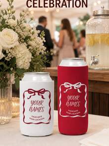 1pc Personalized Can Cooler Sleeves, Custom Wedding Can Coolers With Names Date And Location, Bow Design Neoprene Drink Holders, Standard Or Slim Wedding Favors For Guests. - Multicolor - View 9