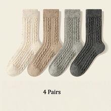1/4/5 pares de calcetines de lana estilo romántico francés, calcetines de media pantorrilla engrosados con patrón de punto de cable para mujeres, otoño/invierno - Multicolor - Ver 11