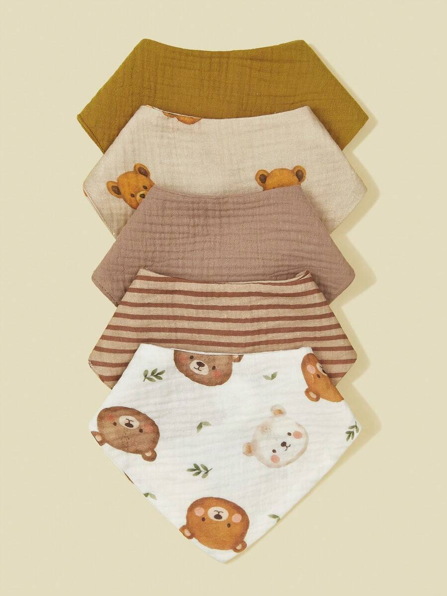 5件組嬰兒圍兜 純色細織棉紗布 teething teething 咬乳/流涎布 花卉與動物圖案 男女嬰通用 - 彩色 - 查看 1