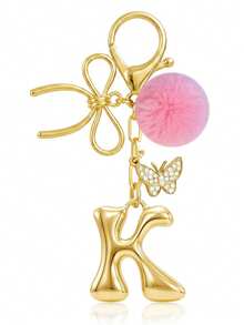 Cute Minimalist A-Z Initial Gold Keychain With Bowknot Pink Fur Ball Key Chain For Women's Bags, Daily Wear And Gift - Gold - View 11