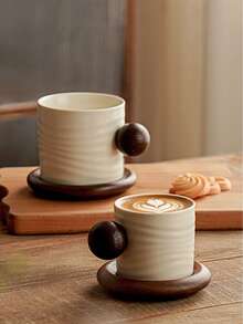 Japanese Wabi-Sabi Ceramic Coffee Cup & Saucer Set With Handmade Texture And Round Wooden Handle – Ideal For Home Afternoon Tea, Latte Art, And Daily Brew – Rustic Elegance For Warm, Inviting Sips. - Multicolor - View 8