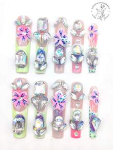 10pcs Handmade Press-On Nails, 55mm Square Shape, Y2K Style, Pink Green White Color Palette, French Design Style, Decorated With Raised Flowers, Rhinestones, White Pearls, Etc. Autumn/Winter Nail Art, Back To School Personalized Matching. Ideal Nail Gift For Women And Girls. - Multicolor - View 2