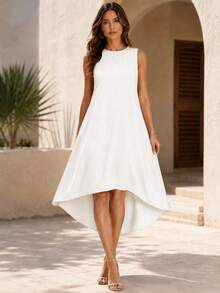 Casual Midi Dress For Women Sleeveless Crew Neck Loose A Line Irregular Hem Dress Summer Dresses For Women Vacation Outfit - 白色3 - 查看 3