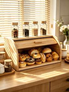 Wooden Roll Top Bread Box, Moisture Dust Proof Large Capacity Bread Storage Container, Keeps Pastries Cakes Croissants Fresh, Kitchen Countertop Organizer For Family Daily Breakfast, Ideal For Home Baking Lovers - Multicolor - View 3