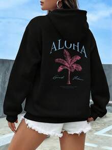 Women's Casual Aloha Palm Tree Graphic Hoodie, Long Sleeve Polyester Pullover Sweatshirt With Rib-Knit Details, Perfect For Summer Beach Vibes - Black - View 2