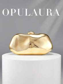 OpulAura Gold European Style Women's Acrylic Minaudiere Clutch, Asymmetric Box Design With Color-Block Clasp, For Parties, Banquets, Valentine's Day - Gold - View 5