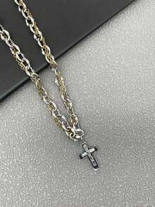 1pc Men's Necklace, Silver Cross Pendant With Geometric Asymmetrical Twisted Chain, Versatile Personalized Necklace, Daily Commute Gift - Multicolor - View 4
