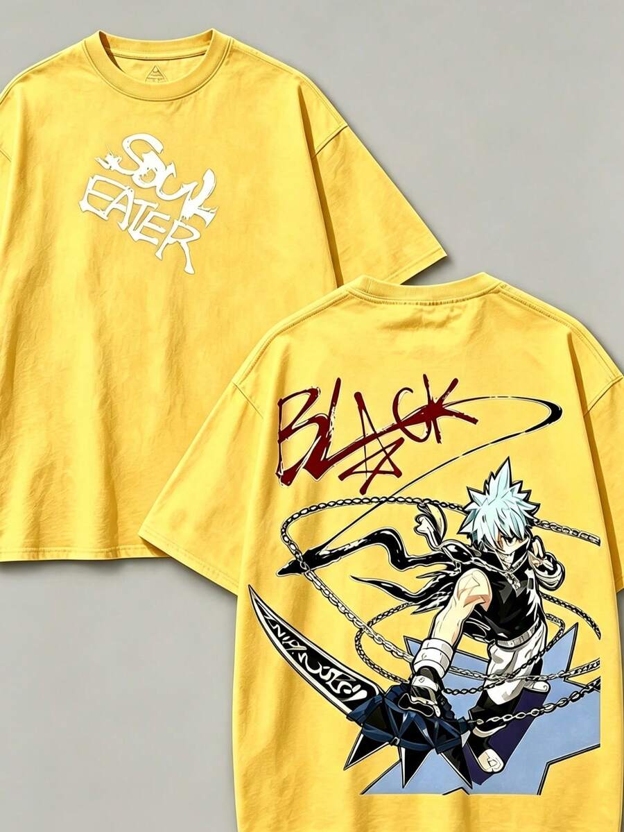 Soul Eater - Black Star Anime Washed T-Shirt, Double-Sided Cotton, Unisex Design, Japanese Manga Merchandise, Men's T-Shirt - 黃色2 - 查看 1