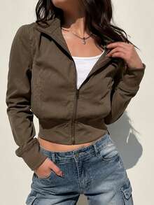 Industrial Style Zipper Jacket For Women With Patch Pockets, Slim Fit, Cinched Waist, Short Jacket - Coffee Brown - View 2