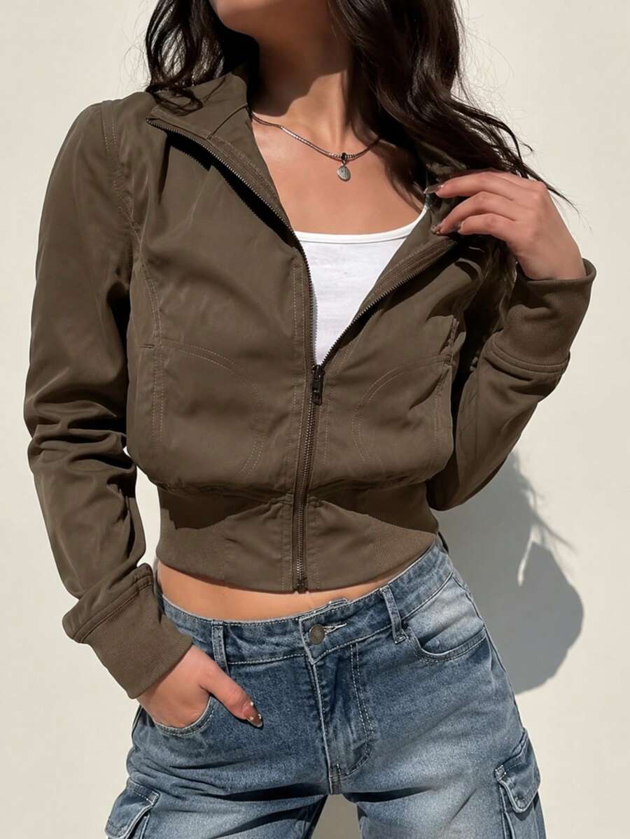 Industrial Style Zipper Jacket For Women With Patch Pockets, Slim Fit, Cinched Waist, Short Jacket - Coffee Brown - View 1