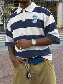 Men's Lightweight Retro Colorblock Wide Stripe Polo Shirt, Relaxed Fit, Clean Collegiate Style - Blue and White - View 3