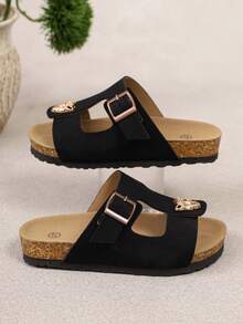 A Pair Of Stylish Kids' Open‑Toe Cork Slide Sandals, Slip‑On Daily Sandals For Children, Suitable For Daily Wear, Beach Trips And Outings - Black - View 3