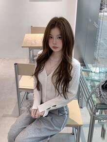 V-Neck Long Sleeve Cable Knit Cardigan - White - View 2