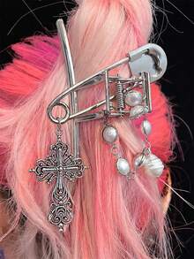 1pc Y2K Metal Chain Pearl Claw Clip Large Hair Clip Hair Accessory For Women - Silver - View 2
