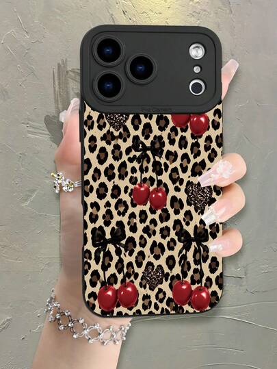 1pc 2D Printed Leopard Print Cherry Heart Pattern Phone Case, Matte Black Frosted Touch Anti-Fingerprint Dirt-Resistant TPU Soft Shell, Raised Full Camera Protection, Shockproof Drop-Proof, Dust-Proof Water-Proof, Classic Minimalist Premium Feel, Atmospheric, Ins Style, Vintage , Phone Protective Case Compatible Models: 17Pro Max/17/17Pro/, 16promax, 16/15/14/13/12/11, 7/8, XR/XS, All Generations Plus/Pro/Pro Max Series; Galaxy