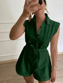 Women's Clothing/Romper/Waist Tie/Linen - 軍綠色 - 查看 2