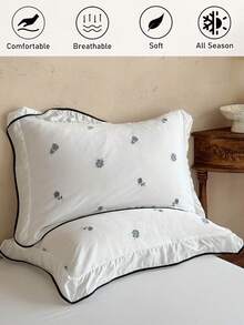 1pc Black Embroidered Rose Ruffle Edge Pillowcase, French Princess Style Decorative Throw Pillow Cover Suitable For All Seasons, Pastoral Style Simple Gentle Decorative Long Pillowcase, Machine Washable, No Filling Included - Black and White - View 2