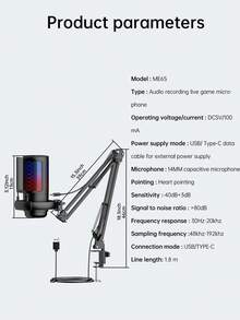 1pc USB Plug RGB Boom Arm Stand Gaming Condenser Microphone, Suitable For Video Conferencing, Singing, Live Recording - Black - View 11