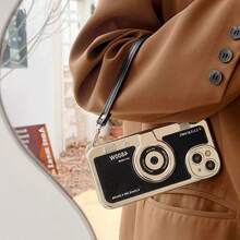 1pc 3D Camera Litchi Texture Phone Case With Lanyard, Shockproof Protective Cover, Style, Different Models Have Different Hole Positions, Subject To Actual Product Received - Black - View 3