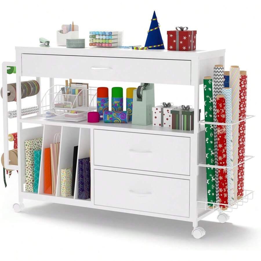 Wrapping Paper Storage And Organizer, Craft Cart With Ribbon And Gift Bag Storage, Wrapping Paper Organizer Holder, Three Wooden Drawers, White - White - View 1