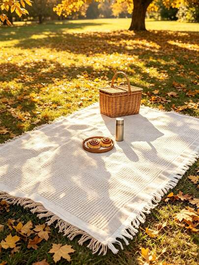 Boho Waffle Weave Tassel Picnic Blanket, Large Lightweight Outdoor Beach Mat, Soft Washable Fringe Throw Rug For Autumn Park Camping Travel, Portable Foldable Grass Mat For Fall Picnic Party Family Outdoor Decor