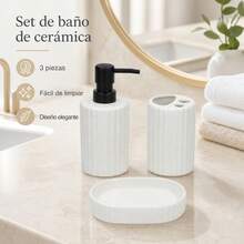 3-Piece Ceramic Bathroom Accessory Set With Soap Dispenser, Toothbrush Holder And Soap Dish, Modern Ribbed Design For Vanity Organization - White - View 5